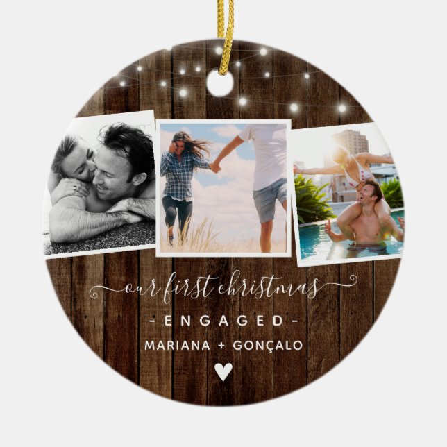 Rustic Our First Christmas Engaged Photo Collage Ceramic Ornament (Front)