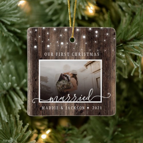 Rustic Our First Christmas Married 2 Photo Ceramic Ornament