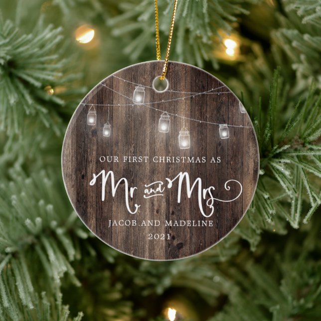 Rustic Our First Christmas Mr and Mrs. Christmas   Ceramic Ornament (Tree)