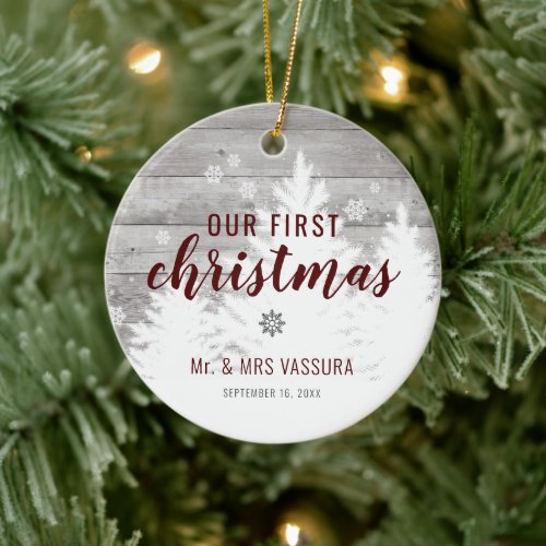 Rustic Our First Christmas Mr and Mrs Photo Ceramic Ornament