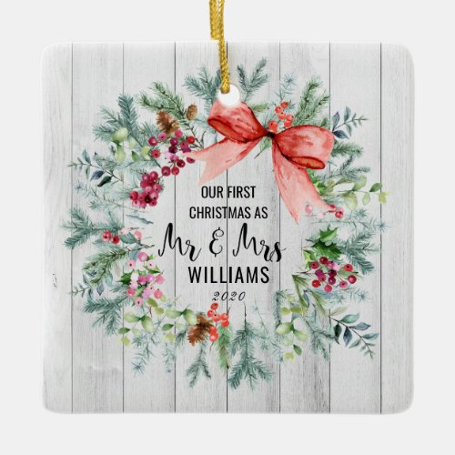 Rustic Our First Christmas Mr  Mrs Photo Ceramic Ornament