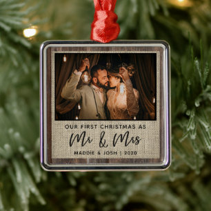 Rustic Our First Christmas Mr & Mrs Photo Ornament