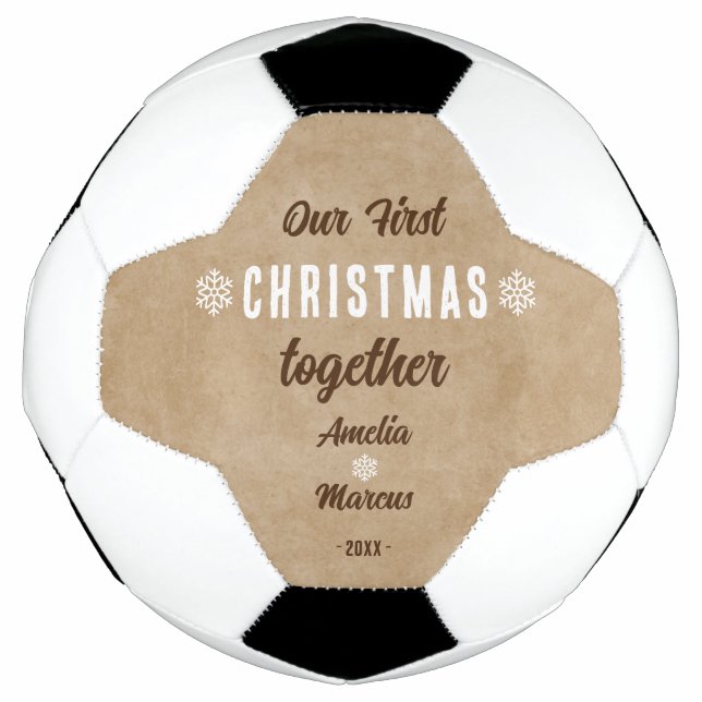 Rustic Our First Christmas Together Personalized Soccer Ball (Front)