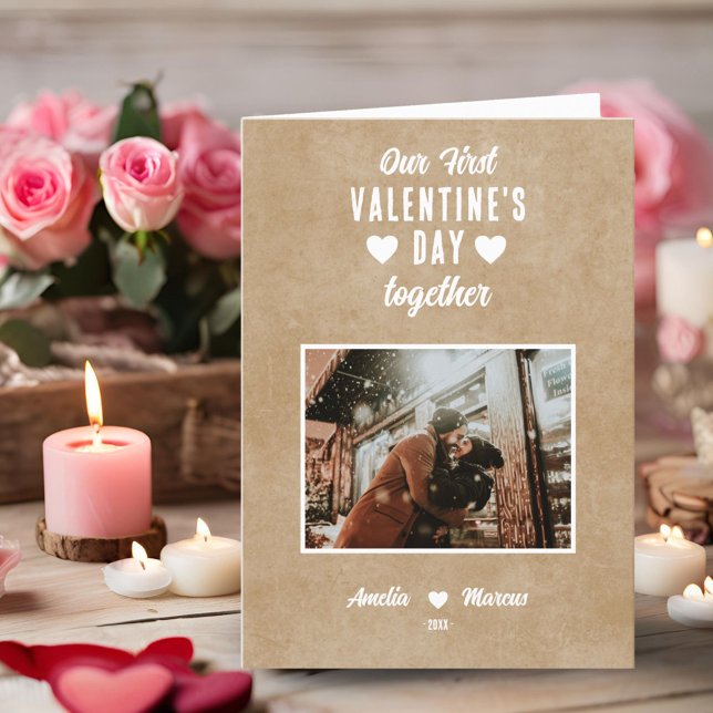Rustic Our First Valentine's Day Together Photo Holiday Card (Creator Uploaded)
