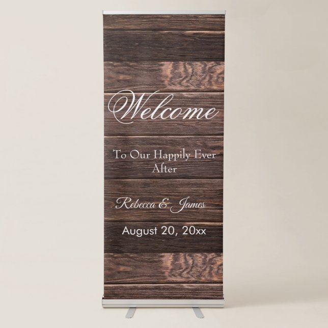 Rustic Our Happily Ever After Welcome Wedding Retractable Banner (Front)