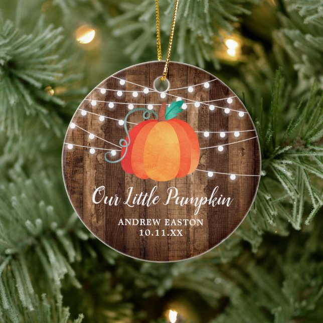 Rustic Our Little Pumpkin Personalized Fall Baby Ceramic Ornament (Tree)