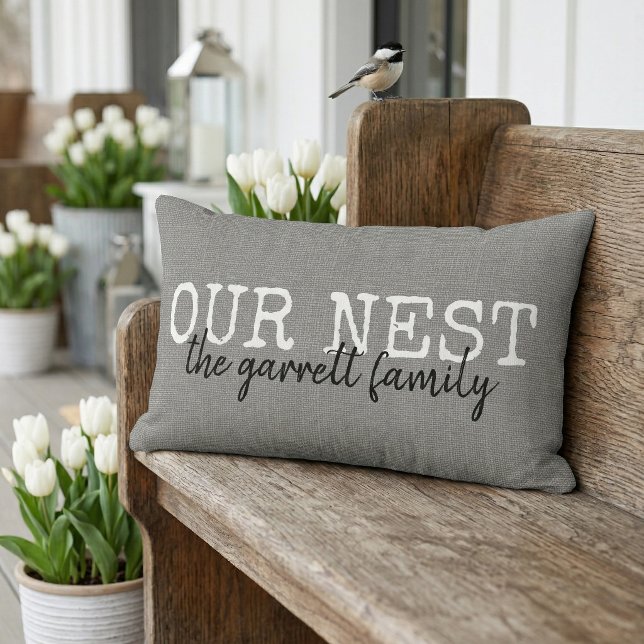 Rustic Our Nest Family Monogram Throw Pillow (Creator Uploaded)