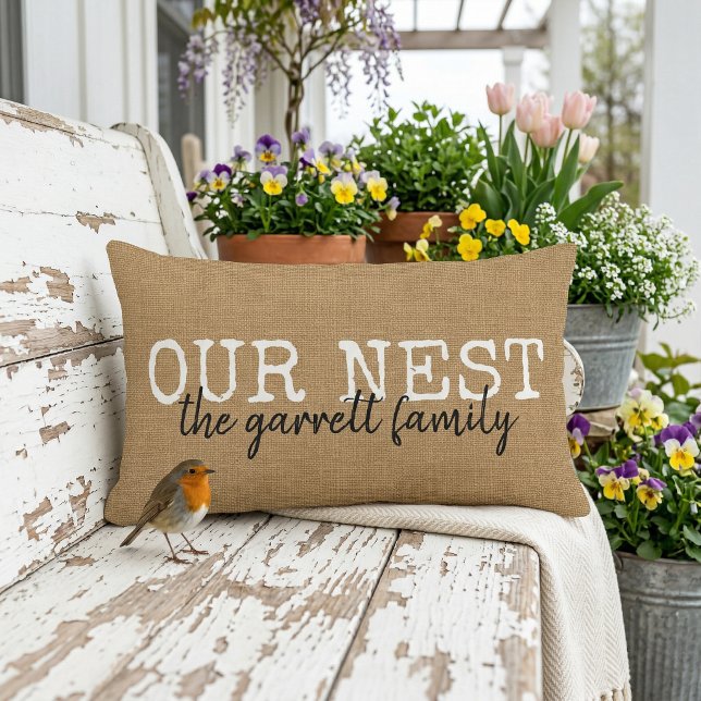Rustic Our Nest Family Monogram Throw Pillow (Creator Uploaded)