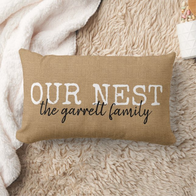 Rustic Our Nest Family Monogram Throw Pillow (Blanket)