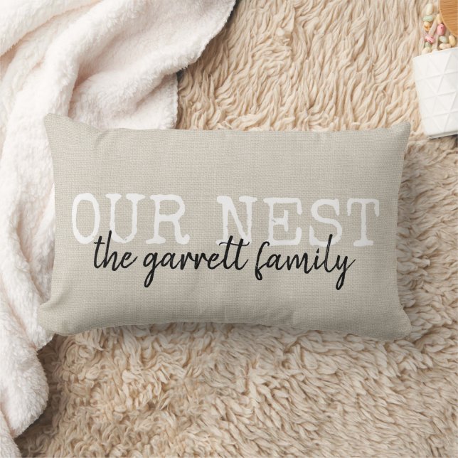 Rustic Our Nest Family Monogram Throw Pillow (Blanket)