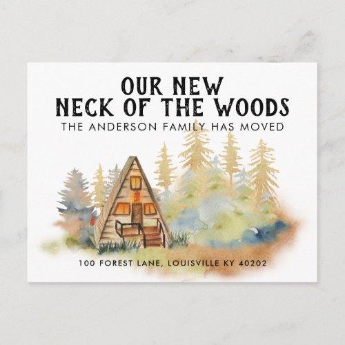 Rustic Our New Neck of the Woods Trees Cabin House Announcement Postcard