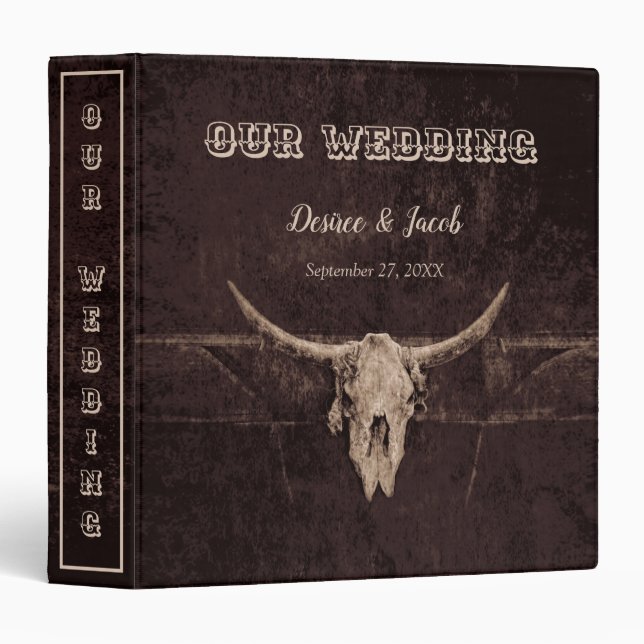 Rustic Our Wedding Western Texture Cow Skull 3 Ring Binder (Front/Spine)