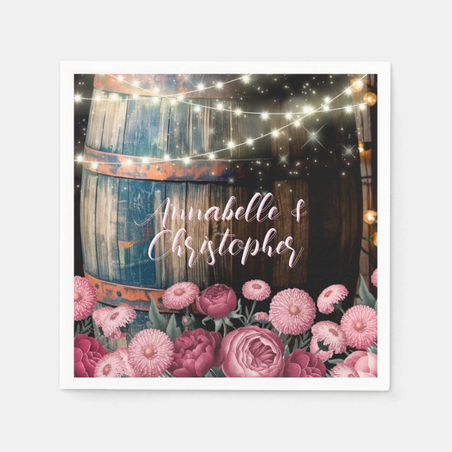 Rustic Outdoor Whimsical Whiskey Barrel Wedding Napkins (Front)
