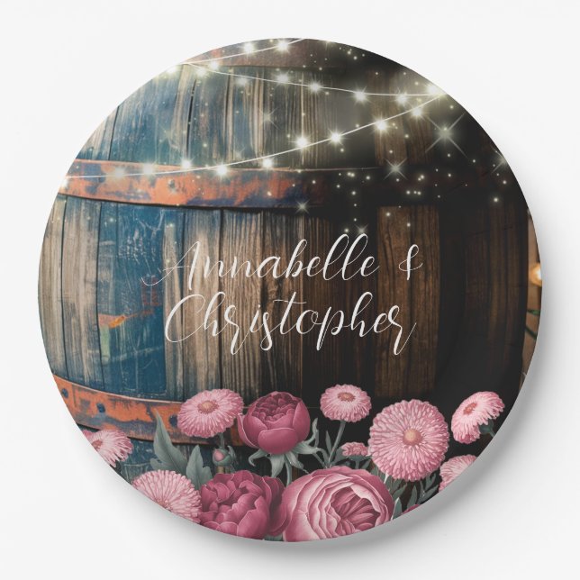 Rustic Outdoor Whimsical Whiskey Barrel Wedding Paper Plates (Front)