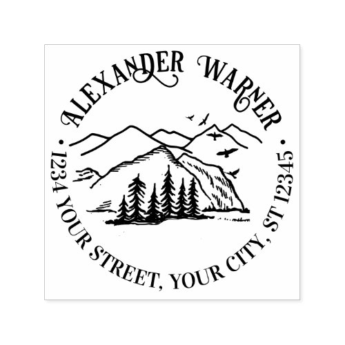 Rustic Outdoors Mountains Trees Name Address Self_inking Stamp