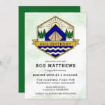 Rustic Outdoorsman 80th Birthday Party Invitation<br><div class="desc">A perfect choice for an outdoorsman who loved fishing, hunting or camping. This 80th birthday invitation features an outdoor badge with a tent in the center, surrounded by the sun and a pine tree forest. Blue and white chevron stripes symbolize a river or pond for fishing. The badge is edged...</div>