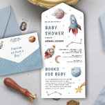 Rustic Outer Space Cute Planets Rocket Baby Shower All In One Invitation<br><div class="desc">Amaze your guests with this modern space theme baby shower invite featuring cute rockets and planets with detachable book request card. Simply add your event details on this easy-to-use template to make it a one-of-a-kind invitation.</div>