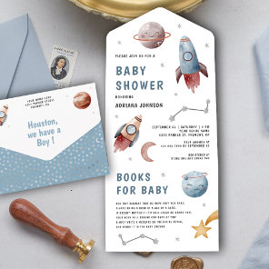 Rustic Outer Space Cute Planets Rocket Baby Shower All In One Invitation