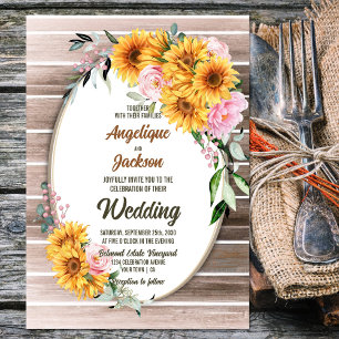 Rustic Oval Wood Sunflower Pink Rose Wedding Invitation