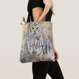 Rustic Owl Abstract Watercolor with Monogram Tote Bag