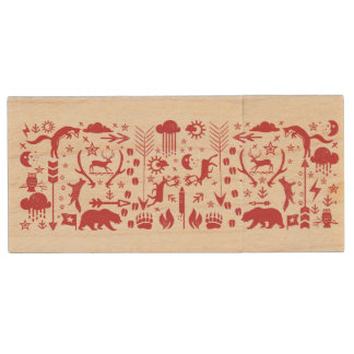 Rustic Owl Bear Deer Fox Woodland Creature Pattern Wood USB Flash Drive