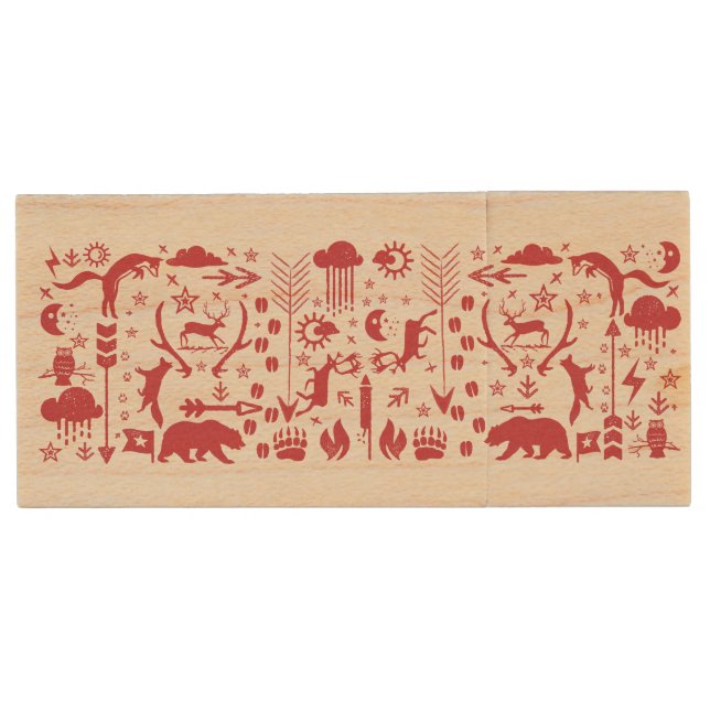 Rustic Owl Bear Deer Fox Woodland Creature Pattern Wood USB Flash Drive (Front)