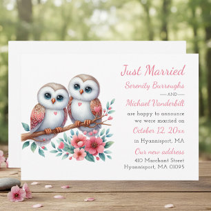Rustic Owl Couple Boho Just Married Wedding Announcement