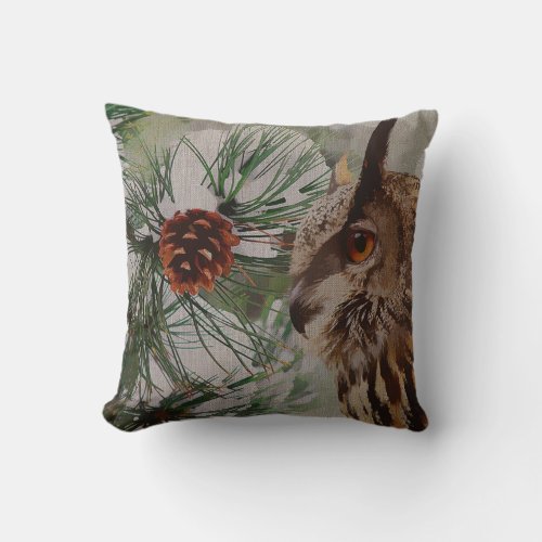 Rustic Owl  In Pine Trees Throw Pillow