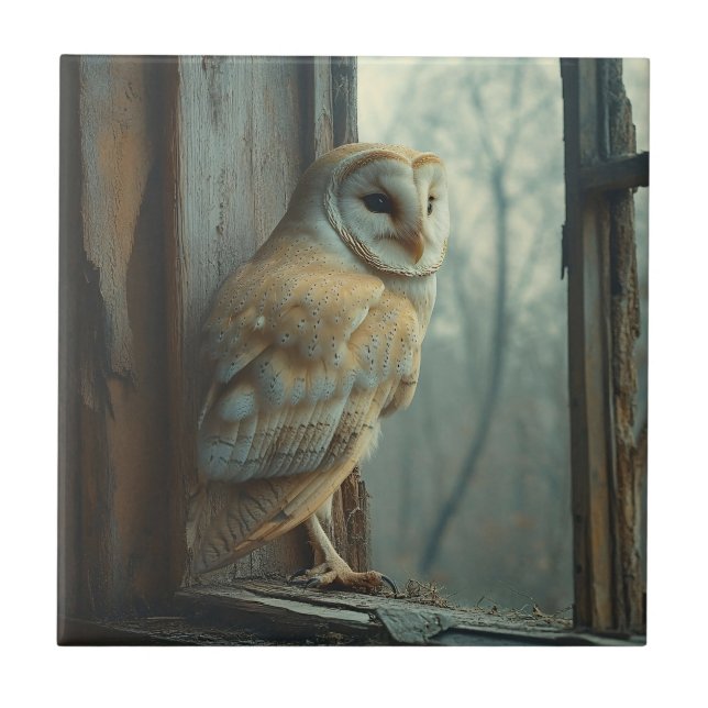 Rustic Owl In The Window Art Ceramic Tile (Front)