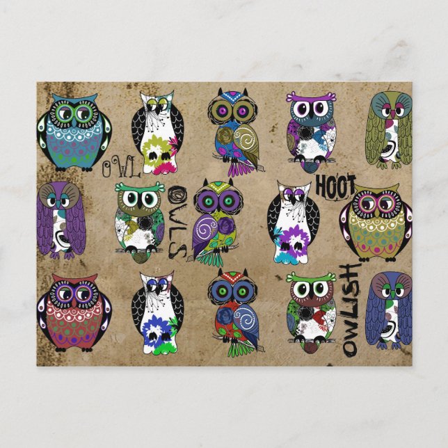 Rustic Owls Folk Art Postcard (Front)