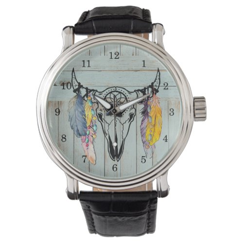 Rustic Oxen Skull With Watercolor Feathers Beads  Watch