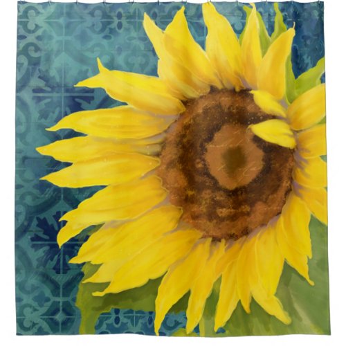 Rustic Painted Sunflower Old Havana Tile Pattern Shower Curtain