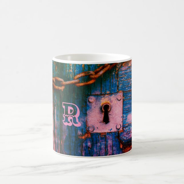 Rustic painted wood door keyhole blue pink coffee mug (Center)