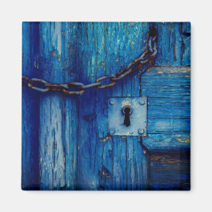 Rustic painted wood door keyhole chain blue magnet