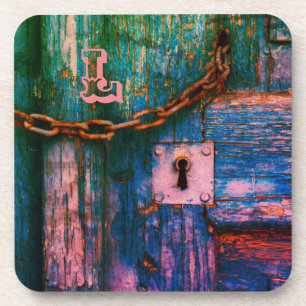 Rustic painted wood keyhole chain  blue pink beverage coaster
