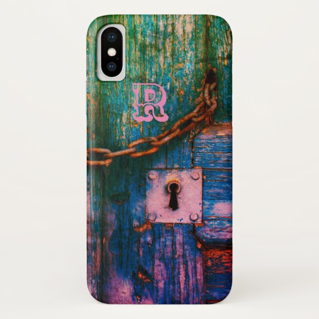 Rustic painted wood keyhole chain blue pink green  Case-Mate iPhone case (Back)