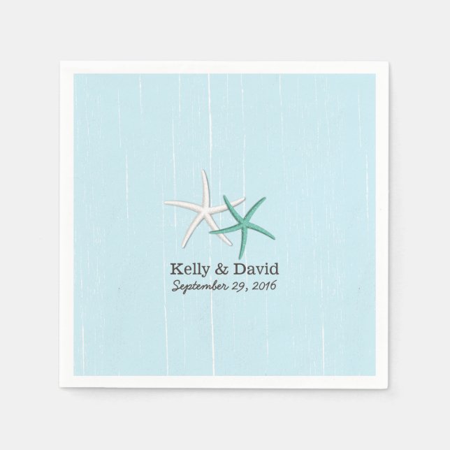 Rustic Pair of Starfish Light Blue Beach Wedding Paper Napkins (Front)