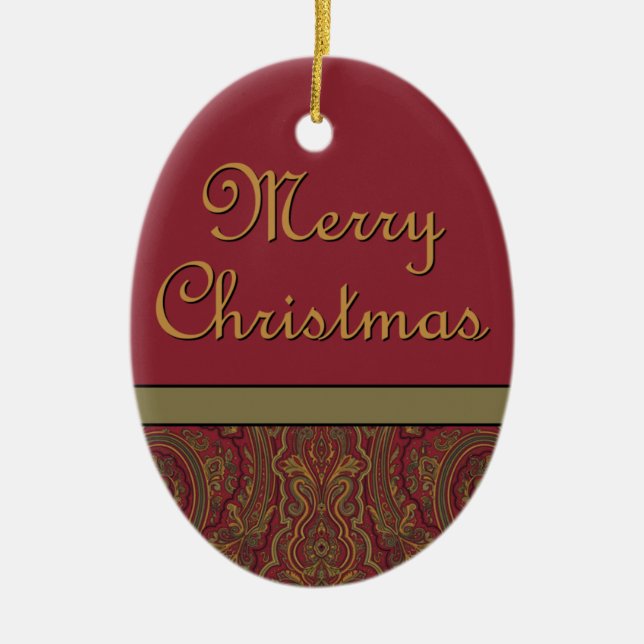 Rustic Paisley Merry Christmas Ceramic Ornament (Front)