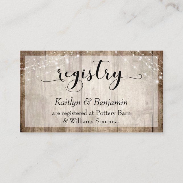 Rustic Pale Brown Wood w/ Lights, Wedding Registry Enclosure Card (Front)