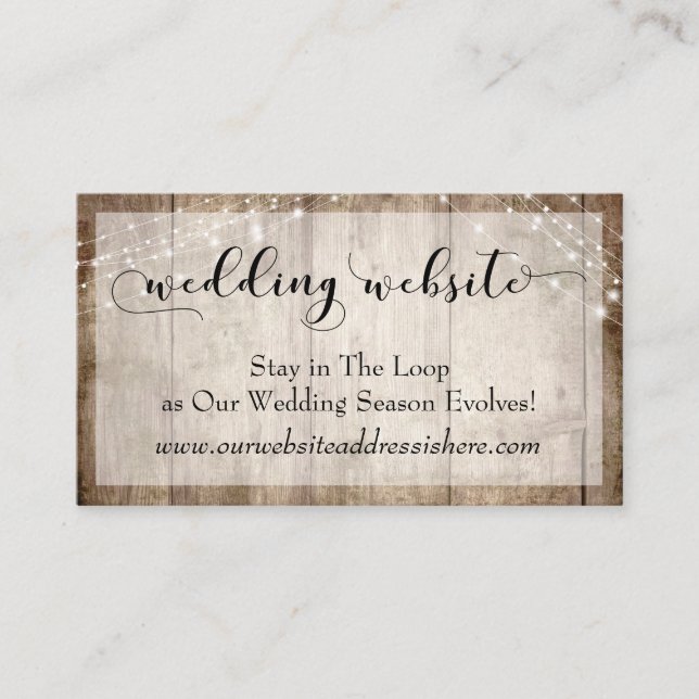 Rustic Pale Brown Wood w/ Lights, Wedding Website Enclosure Card (Front)