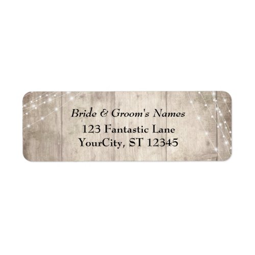 Rustic Pale Brown Wood White Light Strings Wedding Label