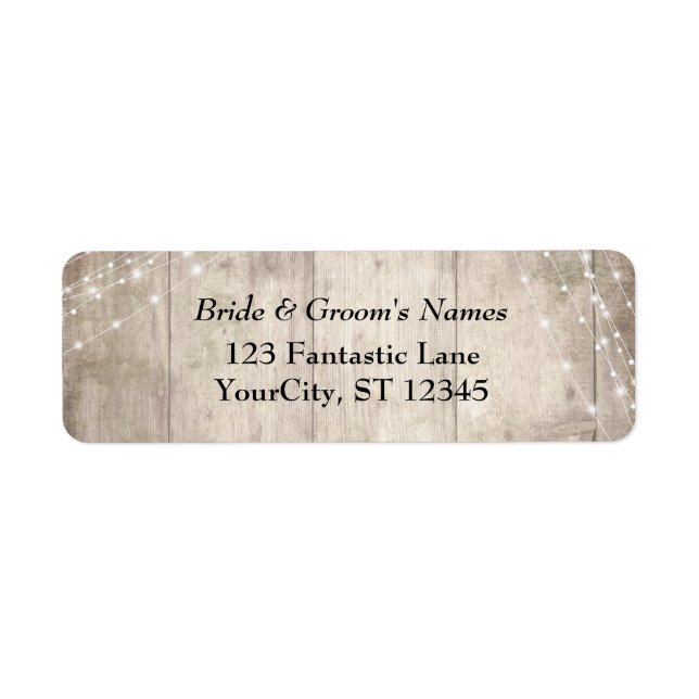 Rustic Pale Brown Wood White Light Strings Wedding Label (Front)