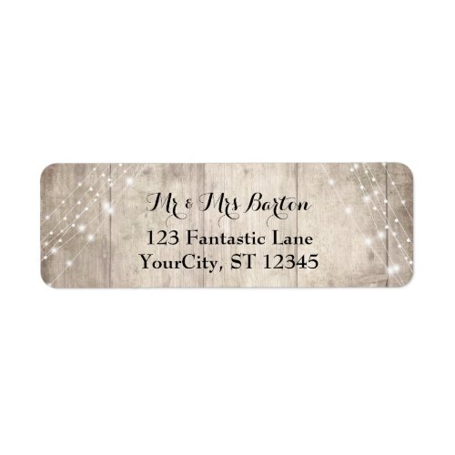 Rustic Pale Brown Wood White Lights Wedding 2 Label