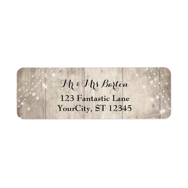 Rustic Pale Brown Wood, White Lights Wedding 2 Label (Front)