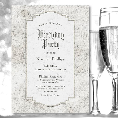 Rustic Pale Gray Carved Stone Birthday Party Invitation