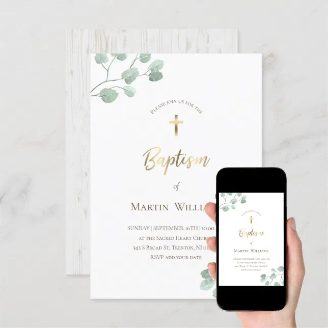 rustic pale watercolor greenery • Baptism Invitati Invitation | Zazzle