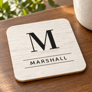 Rustic Pale Wood Serif Monogram Name Beverage Coaster