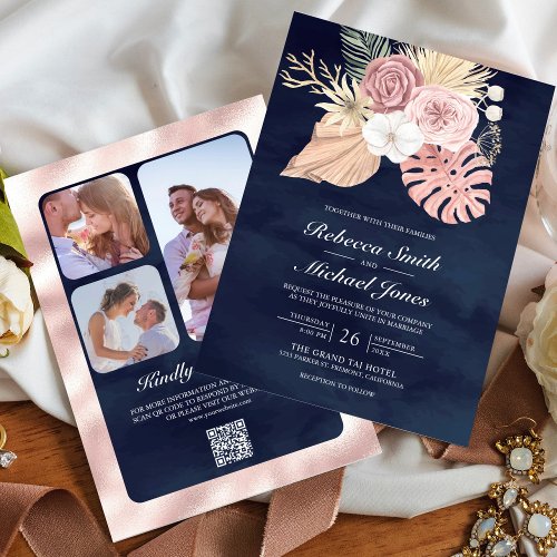 Rustic Palm Dusty Pink Roses Navy QR Code Wedding Invitation