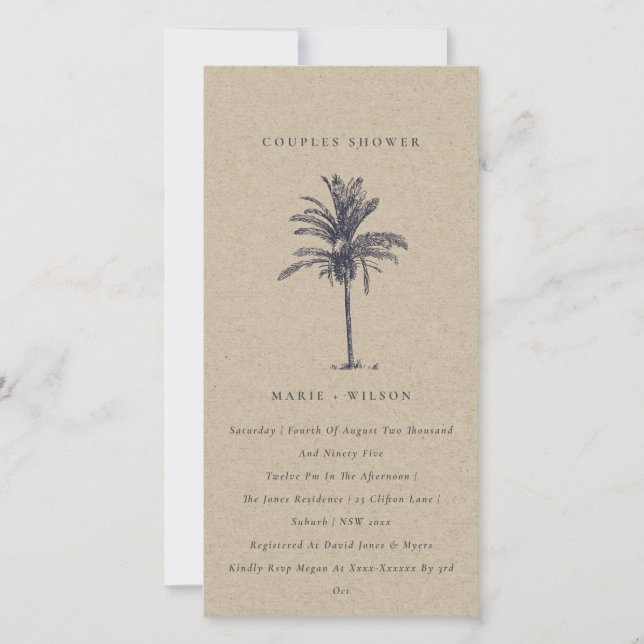 Rustic Palm Tree Navy Kraft Couples Shower Invite (Front)