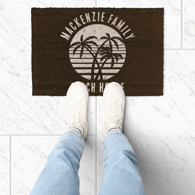 Rustic Palm Tree Retro Family Beach House Custom Fiber Doormat (Insitu)